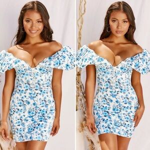 NEW NWT OH POLLY Blue Floral Like A Vision Puff Sleeve Satin Mini Dress Size 2